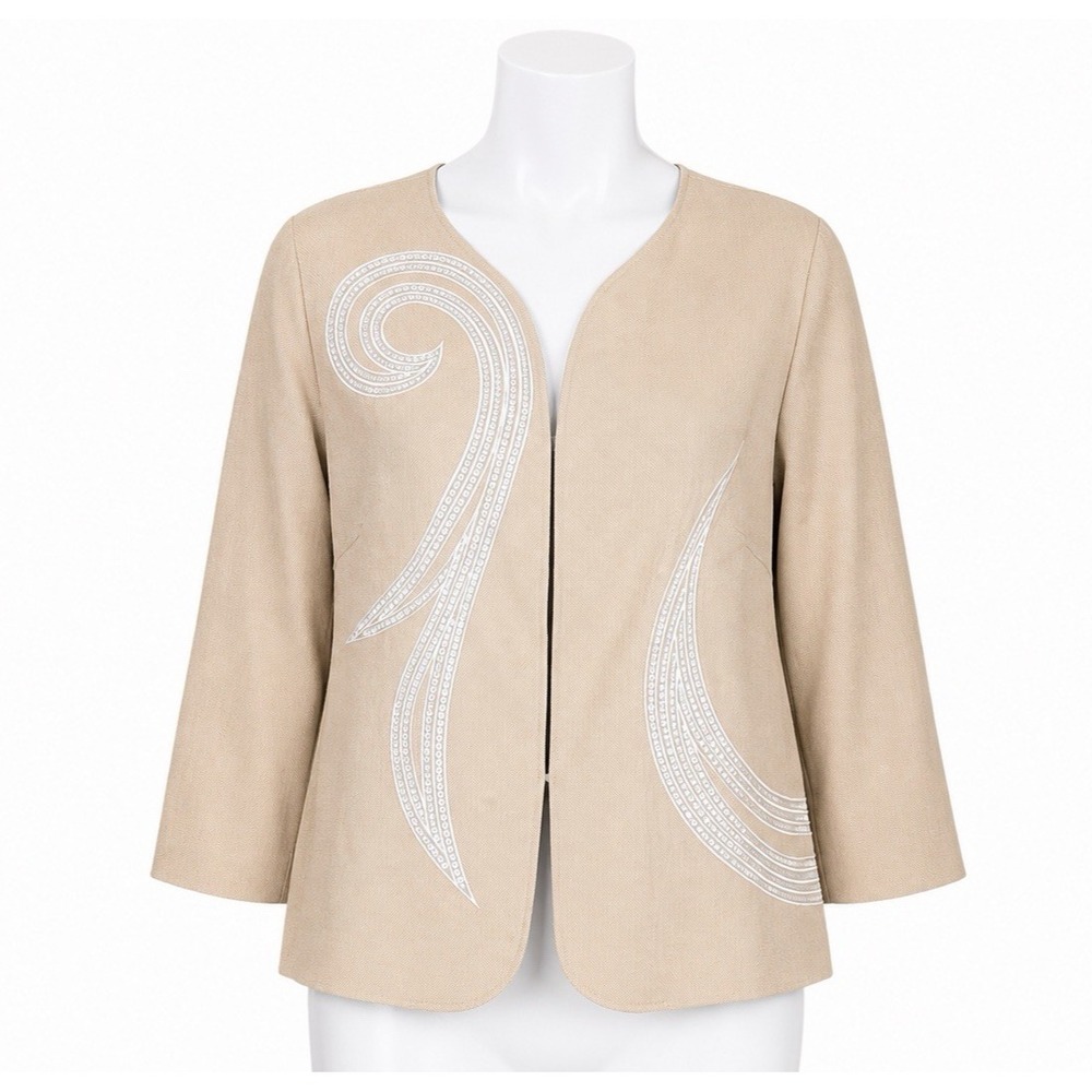 Bob Mackie Blazer Womens XL Beige White Embroidered Sequins Wearable Art Jacket‎